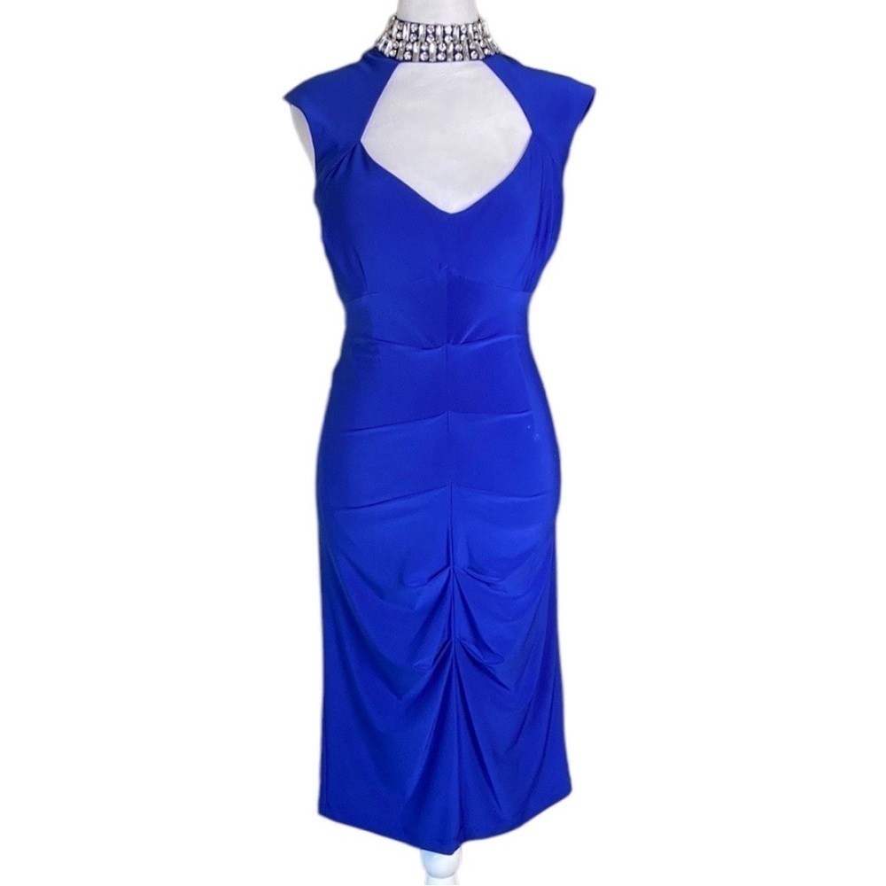 MARINA Blue Stretch Rhinestone Collar Jewel Neck Sheath Cocktail Dress size 6